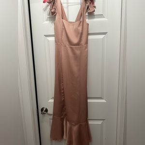 Show Me Your MuMu Claire Midi Dress in Rose Gold Satin